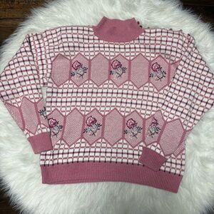 Vintage Floral Knit Embroidered Turtleneck Sweater in Pink and White size Large